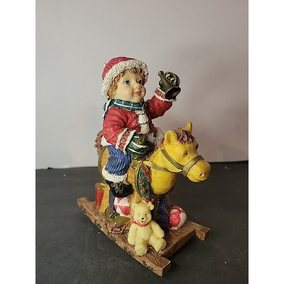 Resin Christmas Figurine Boy in Santa Hat Riding Rocking Horse Toys Presents - Picture 2 of 8